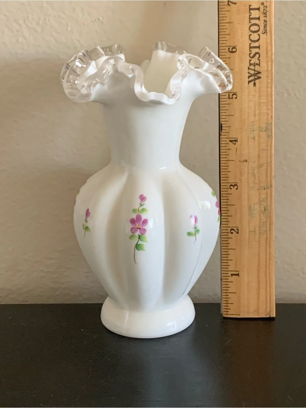 Fenton Silver Crest Milk Glass “Violets in the Snow” Ruffle Edge Melon Vase